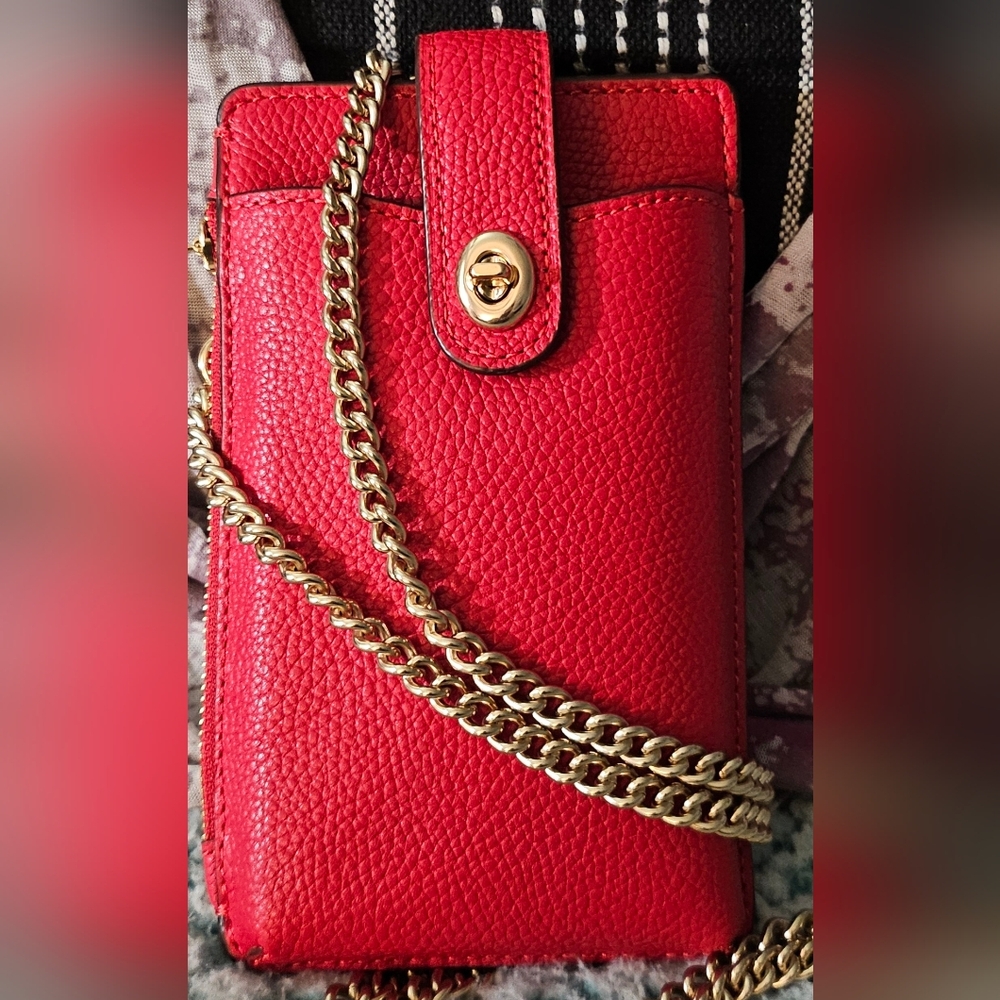 COACH Red Leather Phone Case with Gold Chain